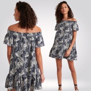 NEW Marine Layer Shirley Off The Shoulder Cotton Dress Navy Palm Womens Size S